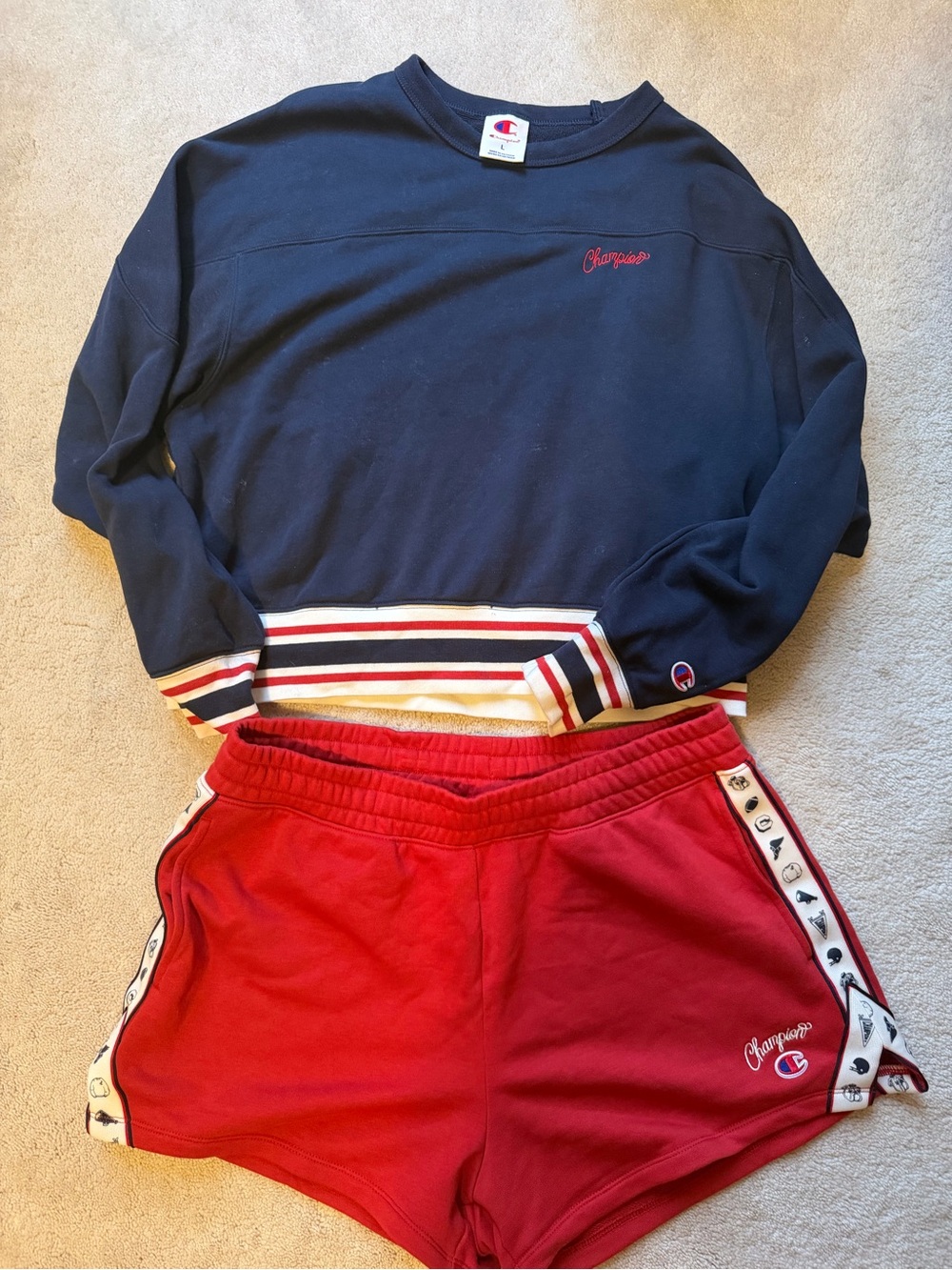 Champion Red Shorts and Cropped Navy Sweatshirt Set